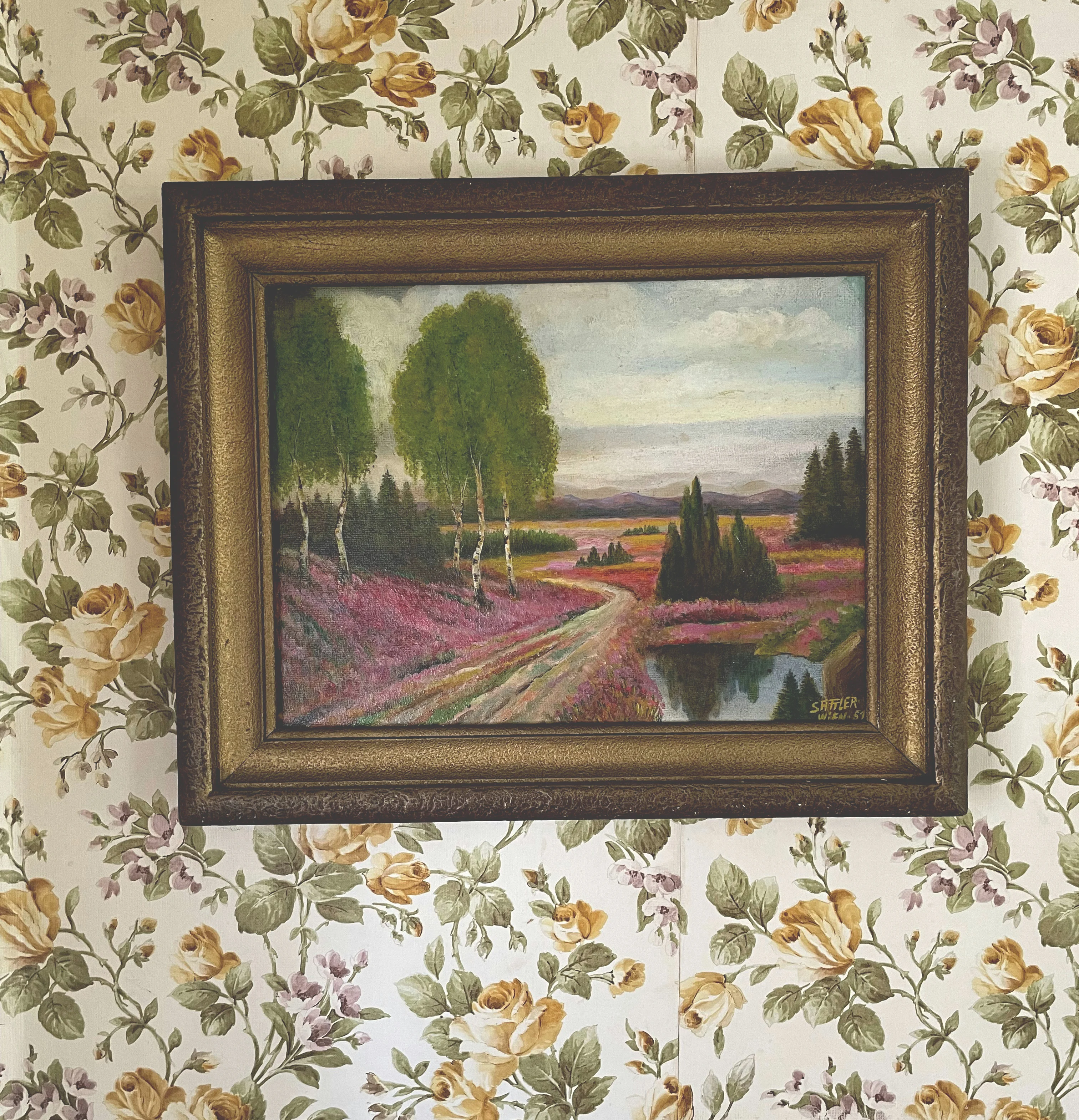 Classic vintage wallpaper with an old painting