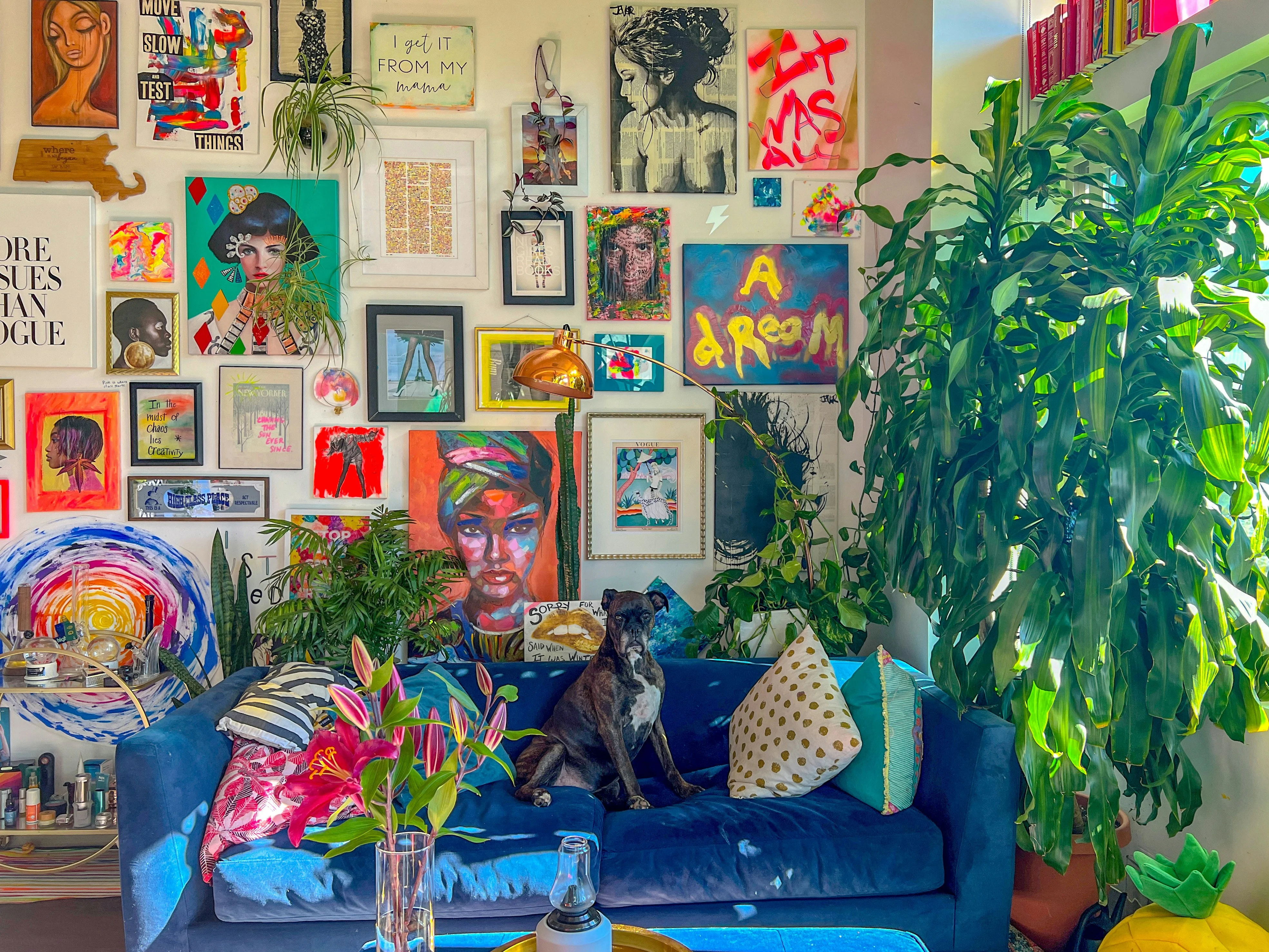 Maximalist living room with gallery art wall